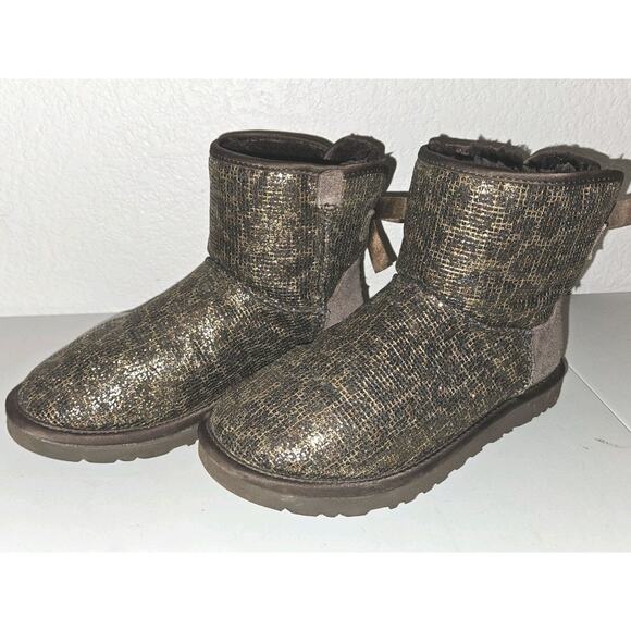 UGG Mini Bailey Bow Glitter Leopard Print Boots Size 6 - Picture 2 of 9